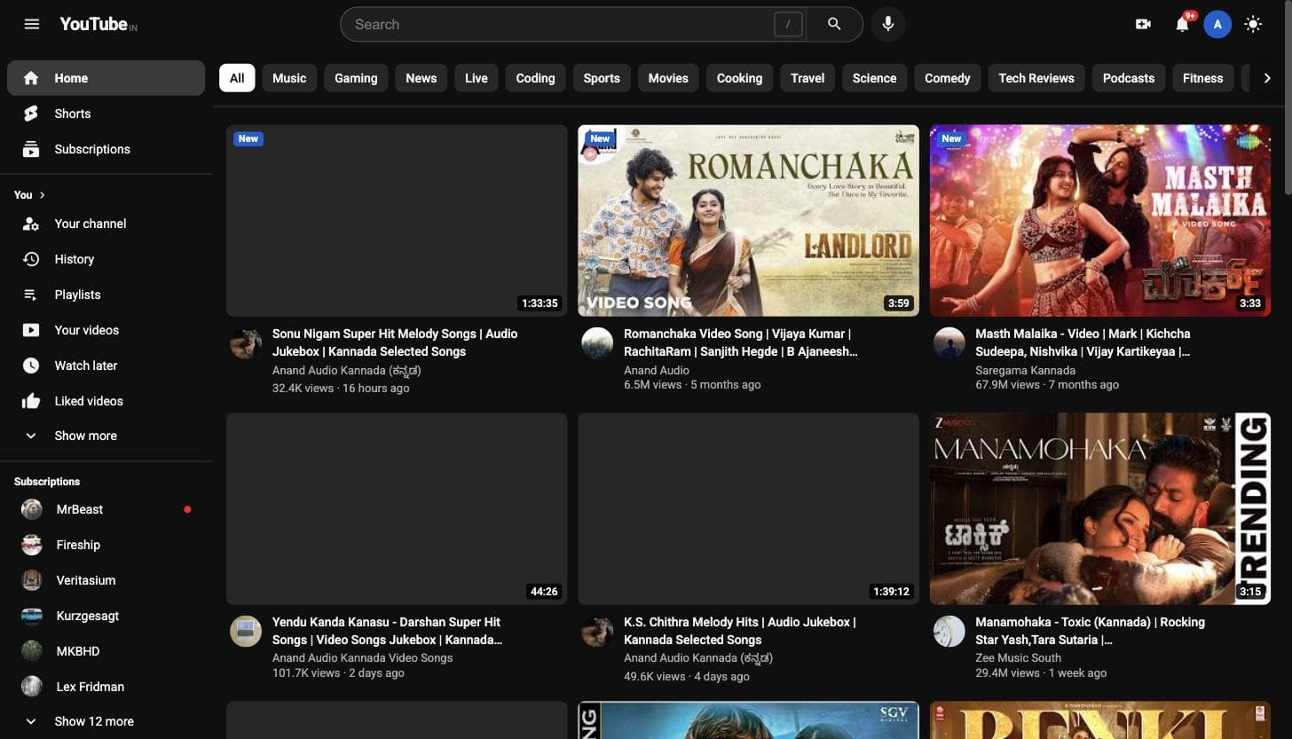 YouTube Clone landing screen